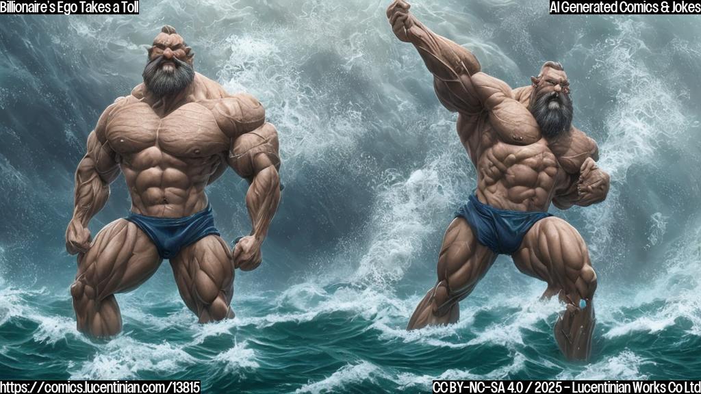 A large, muscular figure with a prominent nose and a hairstyle that can be described as "comb-over" is shown standing in front of a whiteboard covered in complex architectural drawings. He has a confident expression on his face, with one hand raised in excitement and the other pointing to an imaginary underwater city. The background is a blurred image of the ocean, with waves gently lapping at the shore.