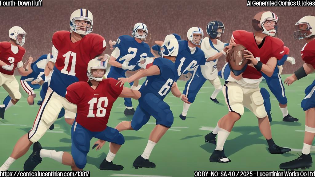 Draw an action-packed cartoon of a football field with two teams in the background. In the foreground, a quarterback is looking at a coach with a hint of exasperation on his face. The coach has a confident expression and is holding up a hand, indicating "go for it". The ball is spinning through the air as the QB takes off running towards the end zone. Include some motion lines to convey energy and movement.