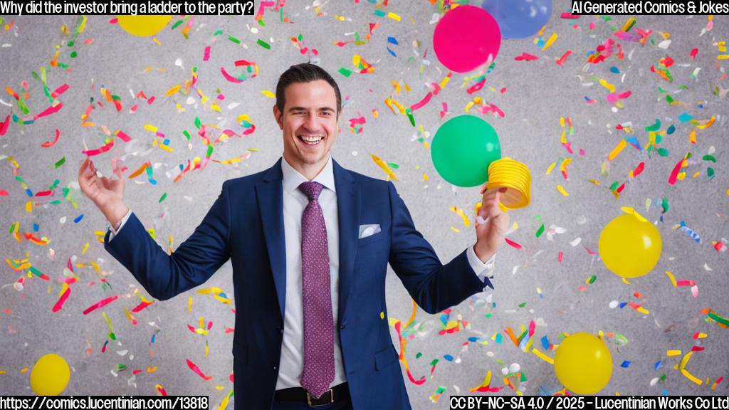A person holding a ladder, surrounded by party decorations and confetti, with a stock market graph in the background. The person is wearing a suit and a big smile.