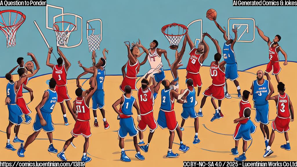 Illustrate a cartoon of a group of people wearing basketball jerseys and holding ladders, with a basketball hoop in the background. The ladders should be leaning against the hoop, with the players looking excited and determined.