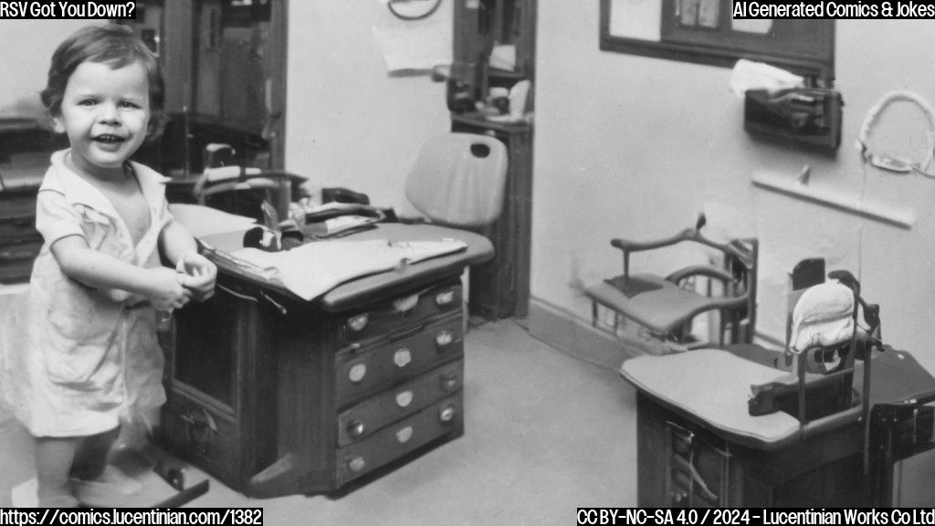 A small, happy-looking child holding a small ladder and standing in front of a doctor's desk, with a worried expression on their face. The doctor's chair is empty.