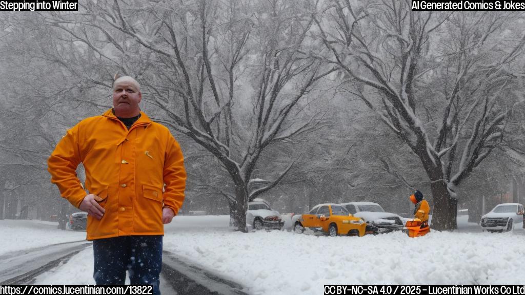 A person in a yellow jacket and orange safety vest is shown standing next to a road, holding a ladder and looking up at a snow-covered tree with branches stretching out towards him. In front of him, on the ground, are several snow-covered cars with wheels stuck in the ice. The background is a blurred shot of a city street with tall buildings and dark windows.