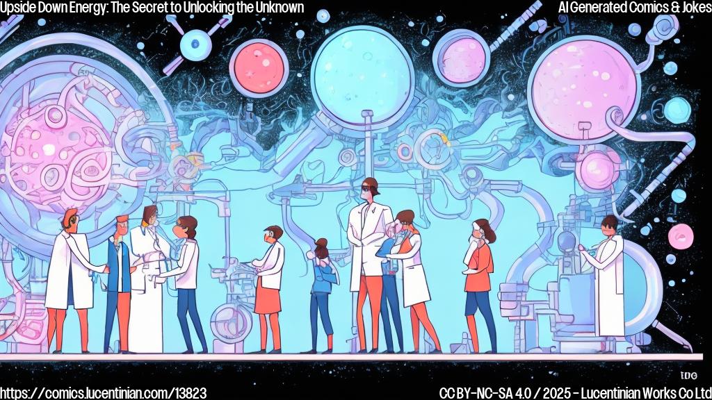 Draw a cartoon-style illustration of two scientists, one male and one female, standing in front of a large machine that glows with an otherworldly energy. They are both wearing lab coats and goggles, and their faces are filled with excitement and determination. In the background, there's a subtle hint of the Upside Down, represented by dark tendrils or misty outlines.