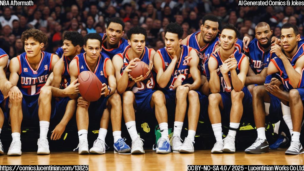 a team of players, all wearing sports jerseys, sitting on a couch together, looking concerned and holding onto each other's shoulders with one player holding a small deflated basketball in his hand.