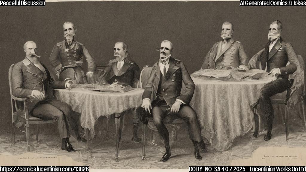 A smiling, middle-aged man with a mustache and a diplomatic outfit, sitting across from two men in formal suits, one holding a large, rolled-up map