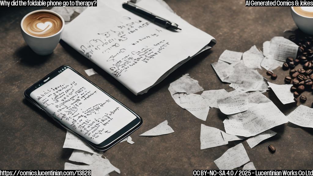 A distressed, foldable phone with a broken hinge and a cracked screen, sitting on a therapist's couch, surrounded by crumpled up notes and coffee cups. The phone is looking at the therapist with a pleading expression.