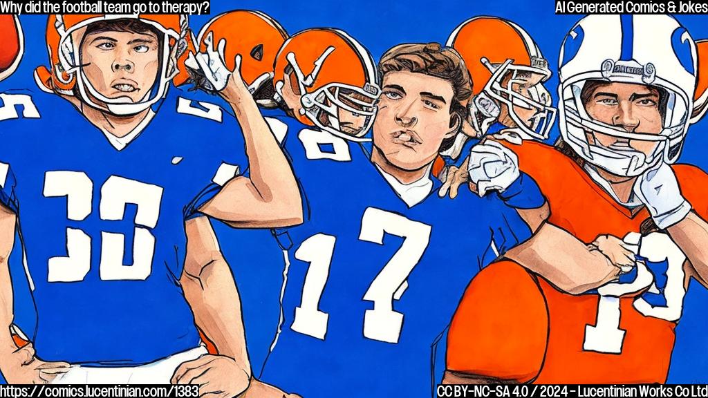 Draw a cartoon of two football players sitting on a couch, holding football helmets with sad faces. One player is wearing a blue jersey with the number 12 on it, and the other is wearing an orange jersey with the number 7 on it. The couch has a football field background with goalposts in the corner.