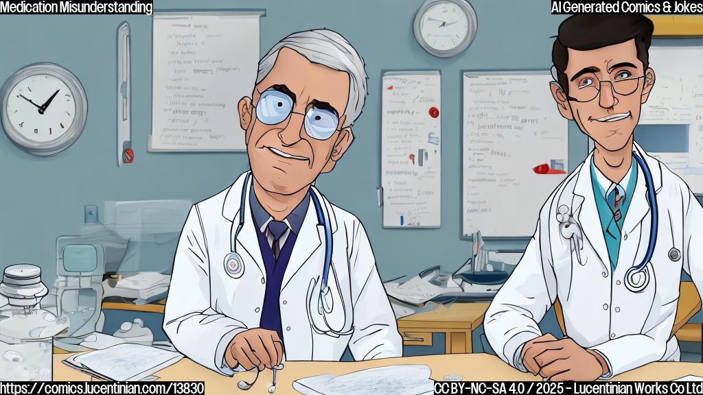 A cartoon of a tired-looking doctor in a white coat with a stethoscope around their neck, slumped over a desk with a few pills scattered on it. The doctor has a sleepy expression and their eyes are half-closed. In the background, there's a scribbled whiteboard with the words "ADD-ERALL" written in large letters.
