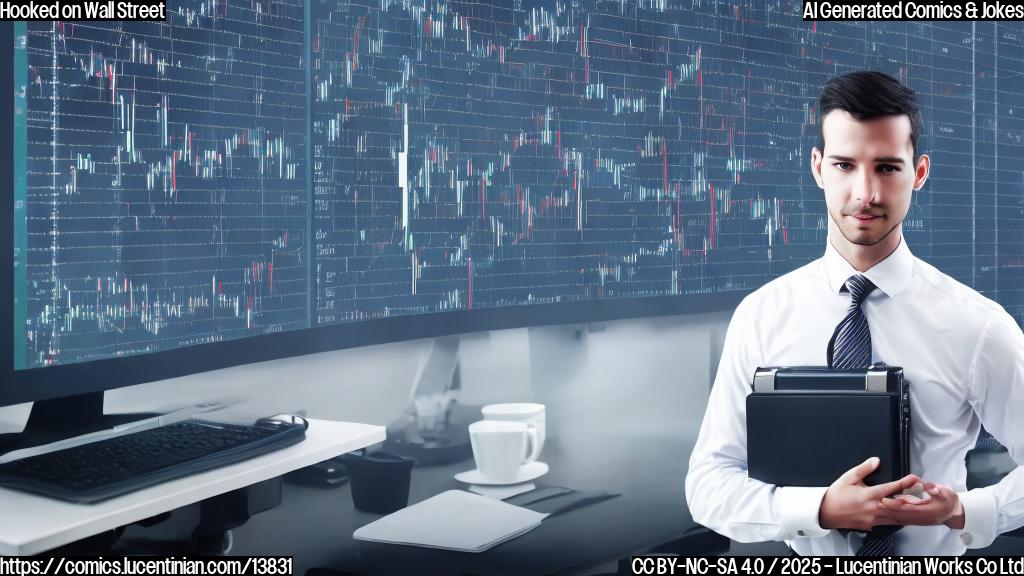 A person with a briefcase and a ladder in front of a computer screen displaying stock market data