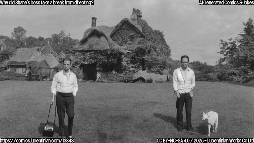 a man with a stern expression, wearing a suit and holding a remote control, standing in front of a large body of water with a small cottage in the distance; a person is shown walking towards the cottage with a suitcase in hand