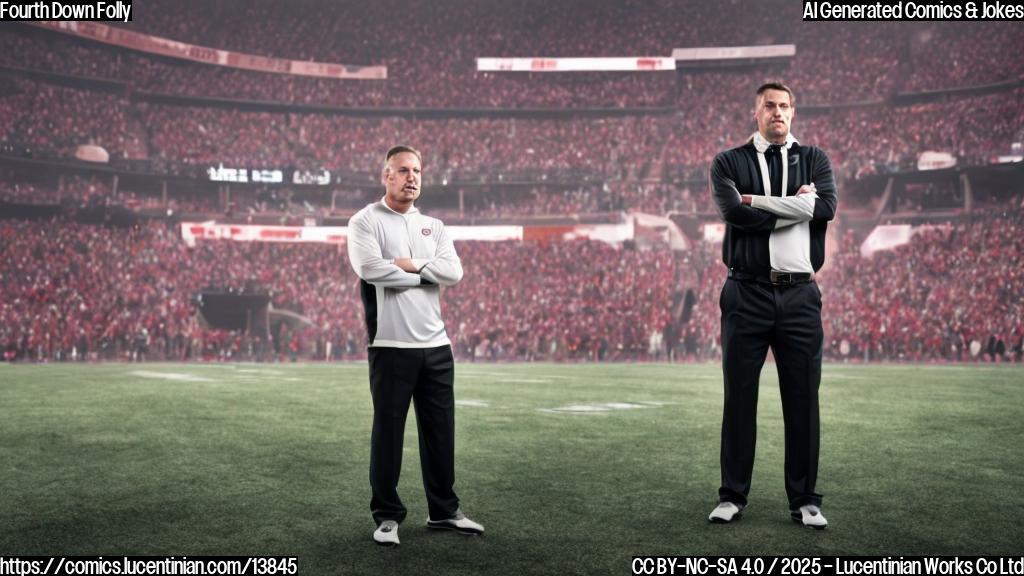 A football coach standing in front of an empty end zone, looking determined, with a hint of desperation in his eyes. The clock ticks down in the background.