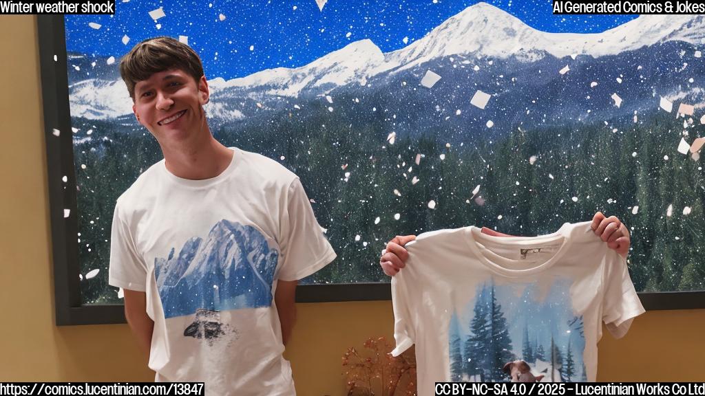 a person wearing shorts and a t-shirt standing next to a calendar with snowflakes falling on it, surrounded by Colorado mountains in the background