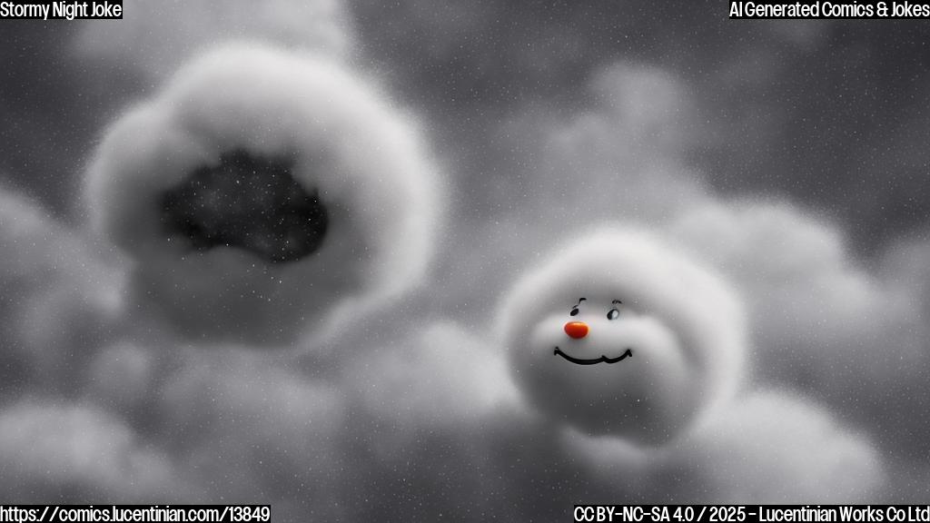 A small, white, puffy cloud with a smiling face and a few fluffy tendrils extending from its body, standing in front of a dark, ominous sky with snowflakes gently falling around it.