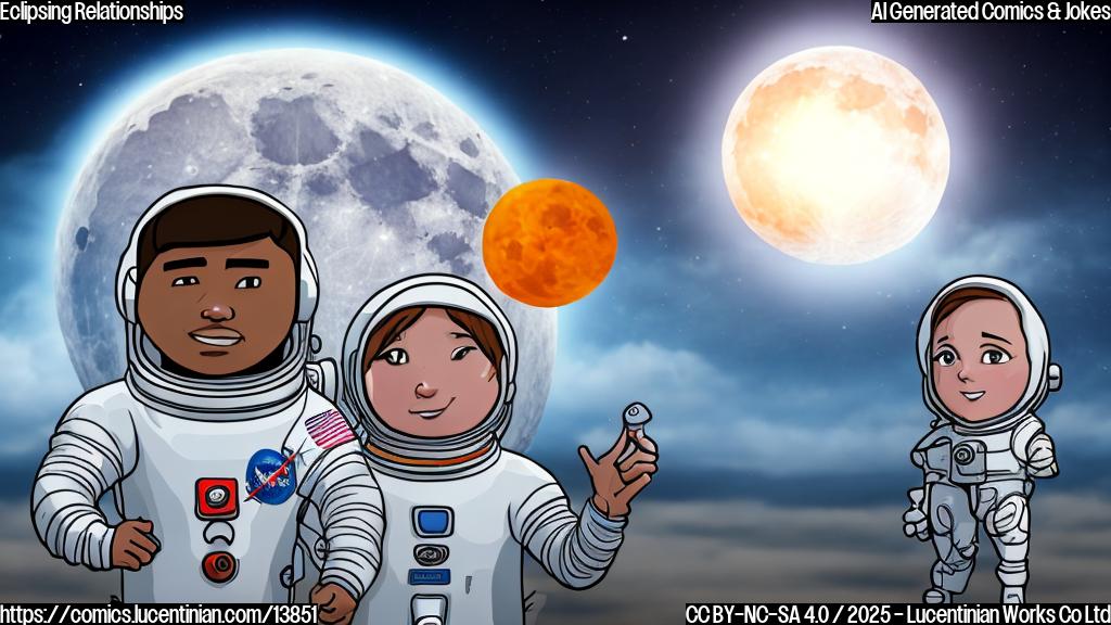 A cartoon of an astronaut and his ex-girlfriend standing on opposite sides of a horizon, both looking up at the moon in the sky, with a subtle solar eclipse effect in the background. The astronaut is holding a broken heart-shaped object, while the ex-girlfriend is holding a calendar with the date of the next eclipse circled.