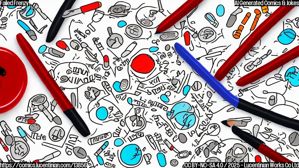 Draw a simple cartoon of a person with an eczma rash on their arm, surrounded by failed medical trial symbols (like X's and red circles) and a few sad pills scattered around.