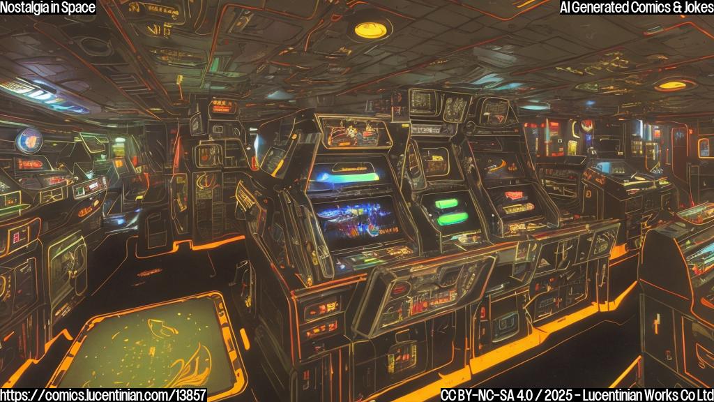 Describe a retro arcade-style spaceship with a worn, metallic finish and faded console-like controls. The ship's cockpit has a cracked, analog dashboard and a pair of vintage-looking thruster ports on either side. A faint, nostalgic glow emanates from within the ship's windows, suggesting a bygone era of pixelated adventures and spacefaring escapades.