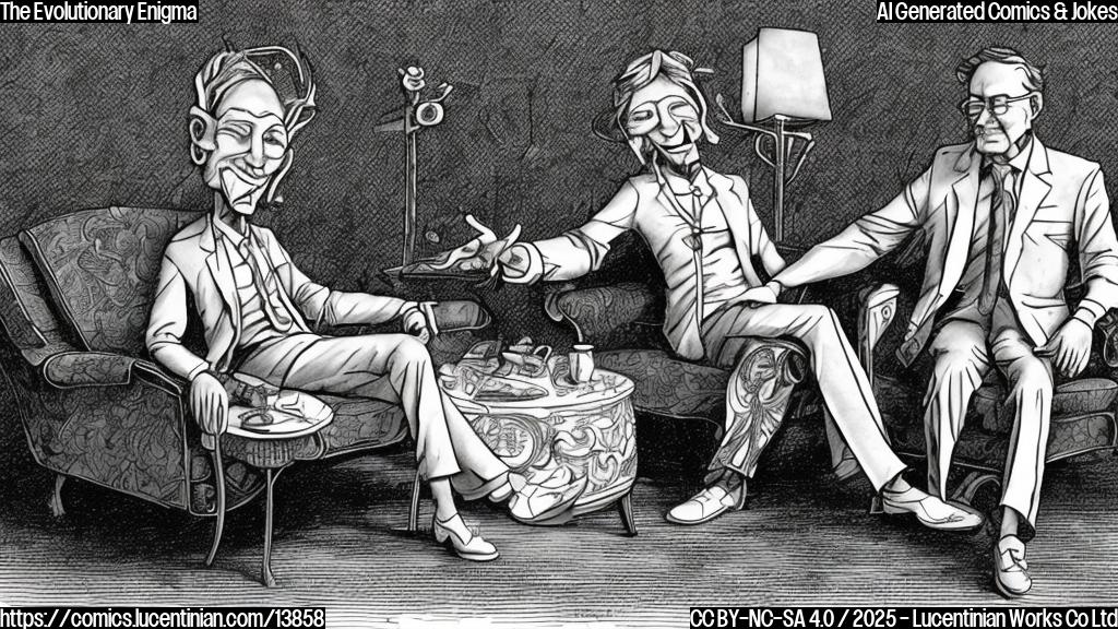 A cartoon of a person sitting on a therapist's couch, with a DNA double helix model in front of them. The DNA is labeled "Ancient Human" and has a puzzled expression. In the background, there's a faint image of an old pinkie finger bone fossil.