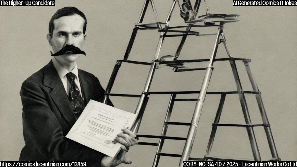 A middle-aged, mustachioed man with a stern expression is sitting on top of a ladder, wearing a suit and holding a briefcase. The ladder has several rungs, each with a different stack of books, papers, or certificates attached to it. The background is a blurred image of a university campus.