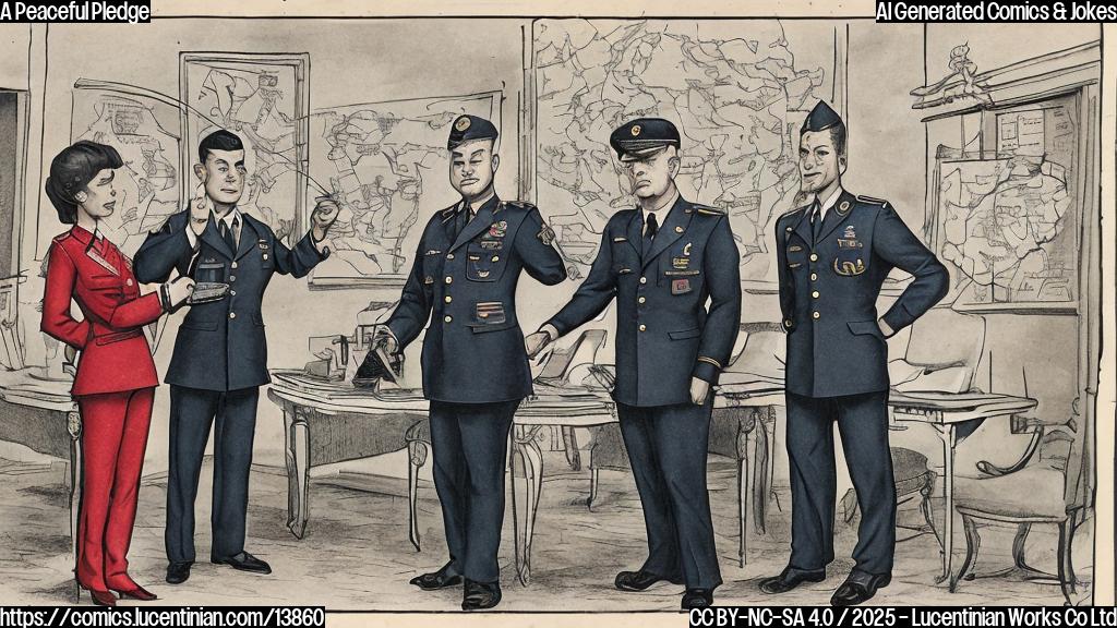 A cartoon of two figures, one wearing a suit and holding a pen, the other wearing a military uniform, standing in front of a large desk. The figure in the suit has a confused expression on their face, while the figure in the military uniform has a determined look on their face. In the background, there is a map with a red line drawn across it, symbolizing peace and unity.