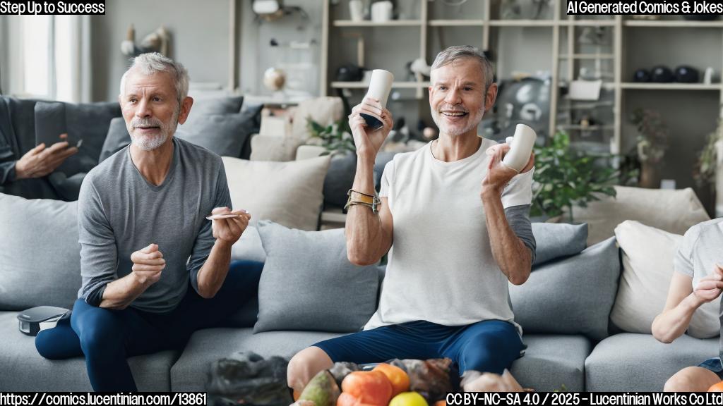 A middle-aged person sitting on a couch, surrounded by fitness trackers and healthy food containers, with a determined look on their face. They are holding a ladder and looking up at it with a mix of excitement and trepidation.
