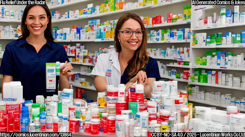 A smiling pharmacist with a stack of over-the-counter medications in the background, surrounded by a few pills with a red X symbol on them, while holding a bottle of Tamiflu in their other hand.