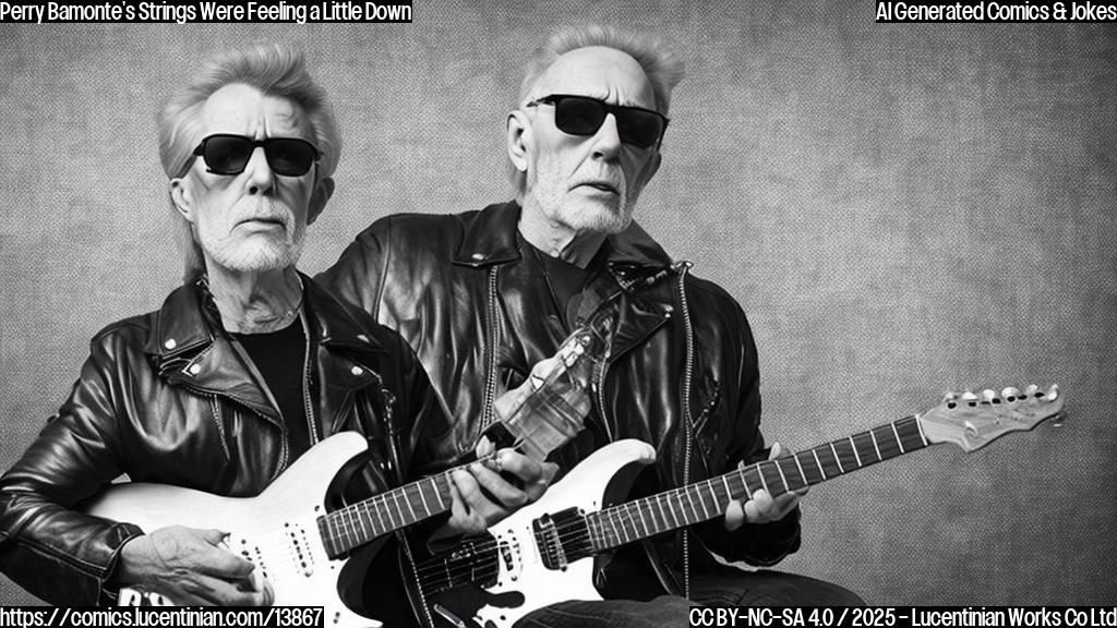 A 65-year-old musician, wearing dark glasses and a black leather jacket, playing a guitar with a worn-out amp in the background. The musician has a solemn expression on his face, while the guitar strings are depicted as being wrapped around a therapist's shoulder, looking distressed.