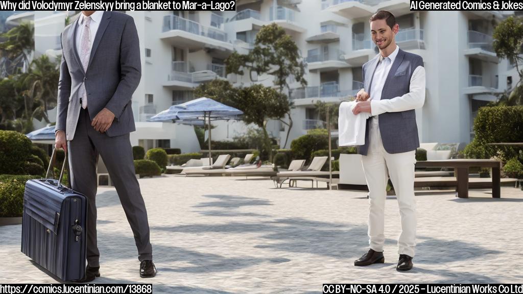 A person with a briefcase and a thermal blanket in a luxurious, modern resort setting