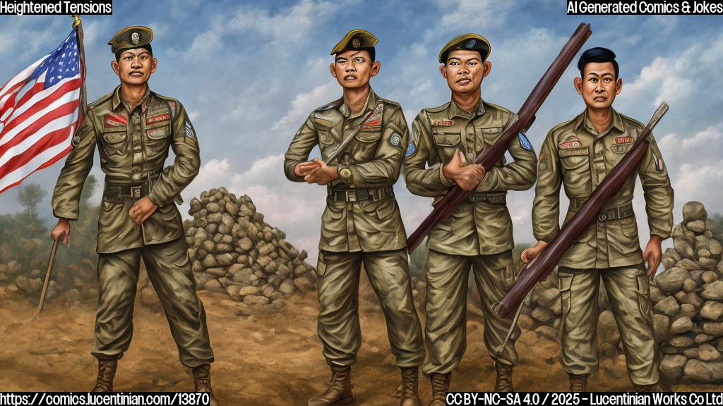 A cartoon style image of two soldiers from Thailand and Cambodia standing on either side of a line, with a ladder leaning against one side. The Thai soldier is holding the ladder, while the Cambodian soldier looks up at it in surprise. In the background, there are scattered flags and rocks representing the disputed border area.