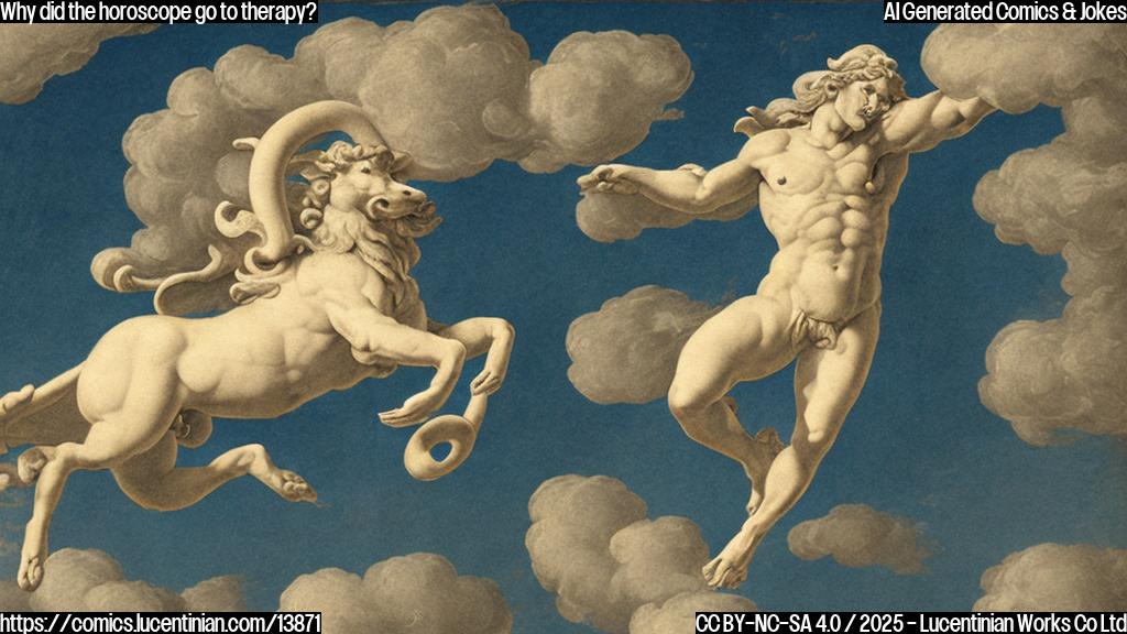 Aries figure with a worried expression, surrounded by swirling clouds of Pisces water and a faint arrow pointing towards Aries in the sky