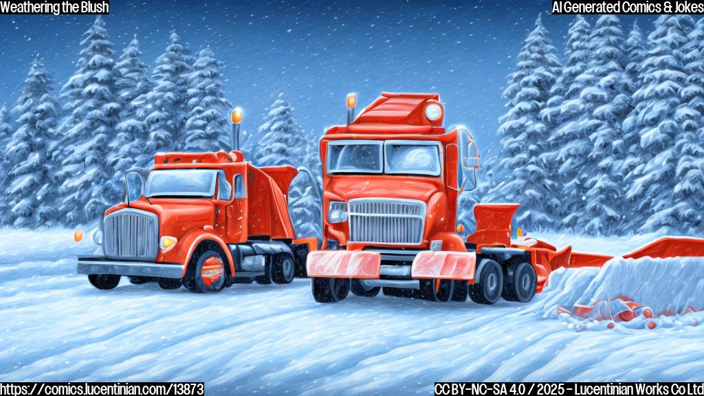 Draw a cartoon of a snowplow with a smitten face, surrounded by freshly plowed snow and salt trucks in the background, with a slight blush effect on the driver's cheeks.