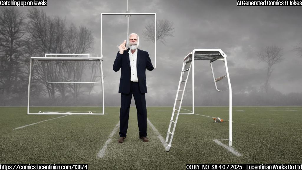 A 66-year-old man with a long white beard and wearing a suit, standing in front of a football field with a ladder behind him. The ladder should be leaning against a goalpost or a fence at an angle, with a few steps leading up to the top. The coach's hands are on his hips, looking confident and determined. The background should be a sunny day with some clouds, and the stadium should be empty except for the coach and the ladder. The color palette should be bright and vibrant, with shades of blue, green, and yellow.