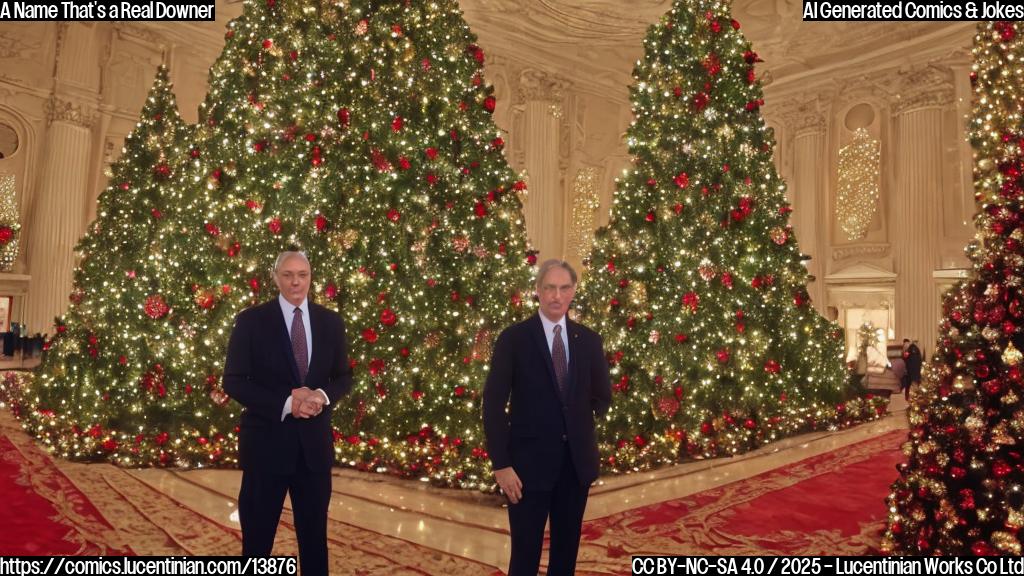 a regal figure with a stern expression, wearing a suit and standing in front of a grand building with a red carpet, surrounded by festive decorations, including Christmas lights and a large tree