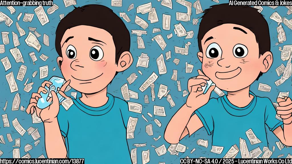 a cartoon of a kid with a band-aid on their arm and a glass of medicine in one hand, and a focused expression on their face with a thought bubble saying "I'm just faking it" over a background of clocks and calendars