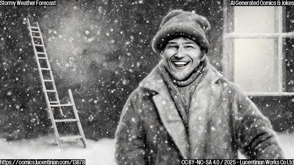 A large, gray shape with a smiling face and a coat and hat, standing in front of a window with snowflakes falling outside. The character is holding a ladder and looking up at the sky with a determined expression.