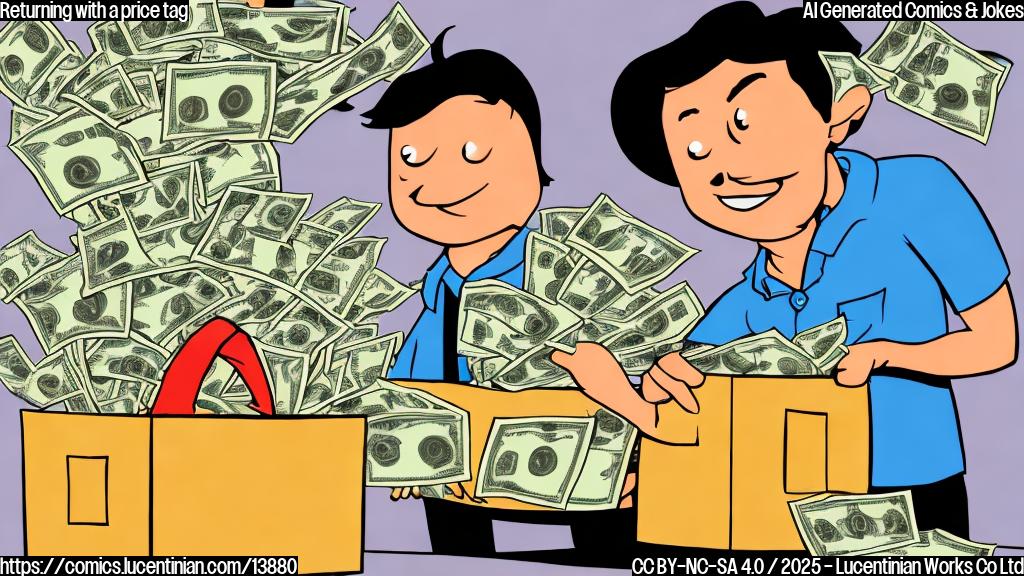 a cartoon of a person holding a box of unopened gifts and standing in front of a cash register with a surprised expression on their face. The cash register is displaying a price tag that reads "Return Fee: $50".