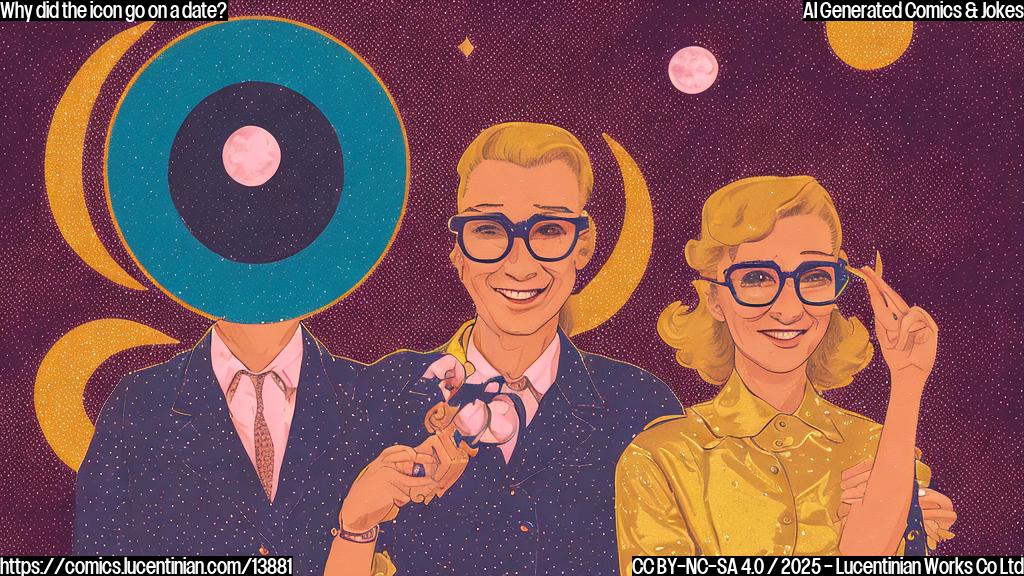 A retro-style icon with a smile and a heart, surrounded by faint pixels, is shown with two possible partners: one in a shiny metallic color with bright pink glasses, and another with a warm, golden background and a crescent moon on its sleeve.