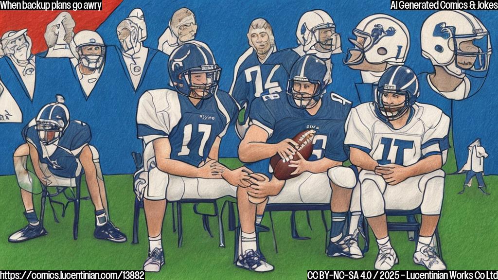 Draw an illustration of a disappointed-looking quarterback sitting on a couch, with their backup quarterback in a therapist's office, looking anxious and unsure. The background should be a blurred representation of a football field.
