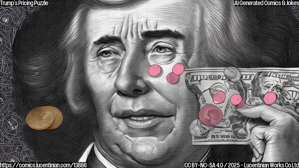 Draw a cartoon-style picture of a smiling President sitting at a podium, with a price tag on his head and a calculator in his hand. The background should have a subtle pattern of dollar signs and economic charts.