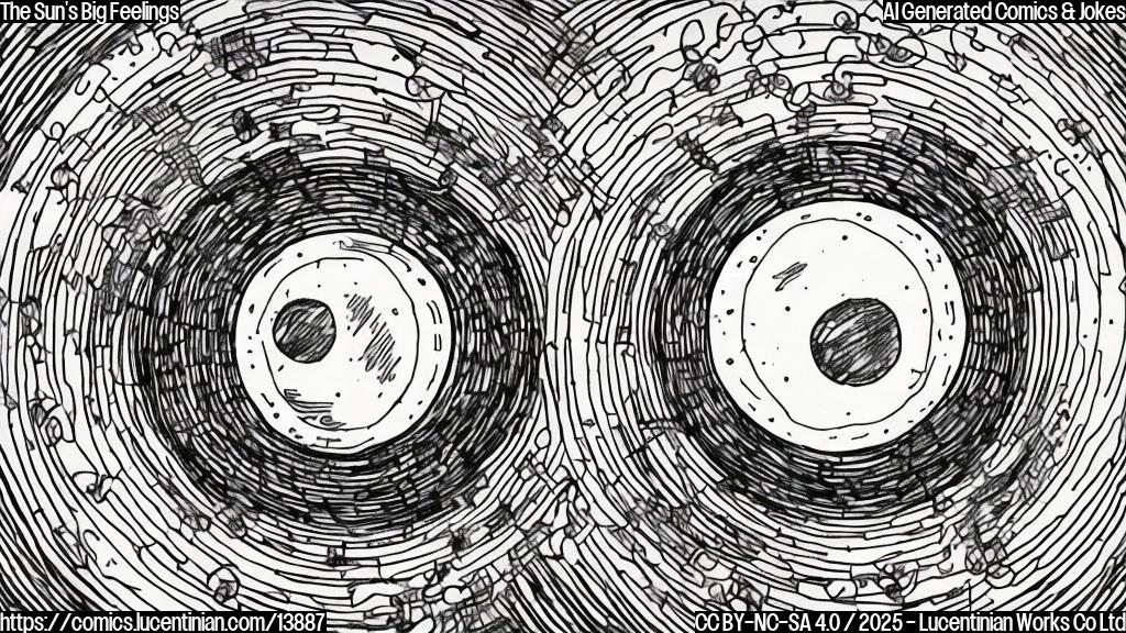 Draw a cartoon style picture of a large, yellow sun with a thought bubble coming out of its center. The thought bubble should have a puzzled face inside it with a speech bubble saying "I'm feeling burned out" and another speech bubble saying "and I've got a lot to work through".