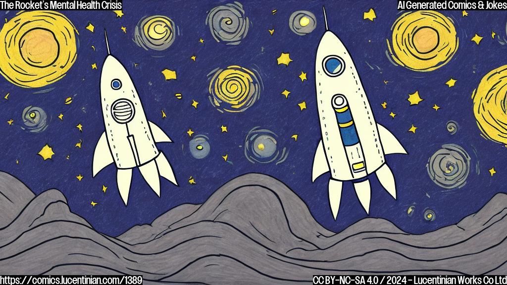 Draw a cartoon style image of a rocket with thought bubbles, sitting on a therapist's couch, surrounded by satellite icons and starry night sky backgrounds.