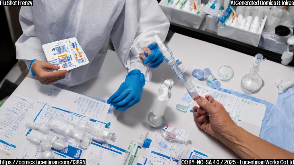 A healthcare professional holding a syringe with a COVID-19 vaccine and a thermometer, surrounded by scattered prescription papers and a calendar with multiple appointments marked.
