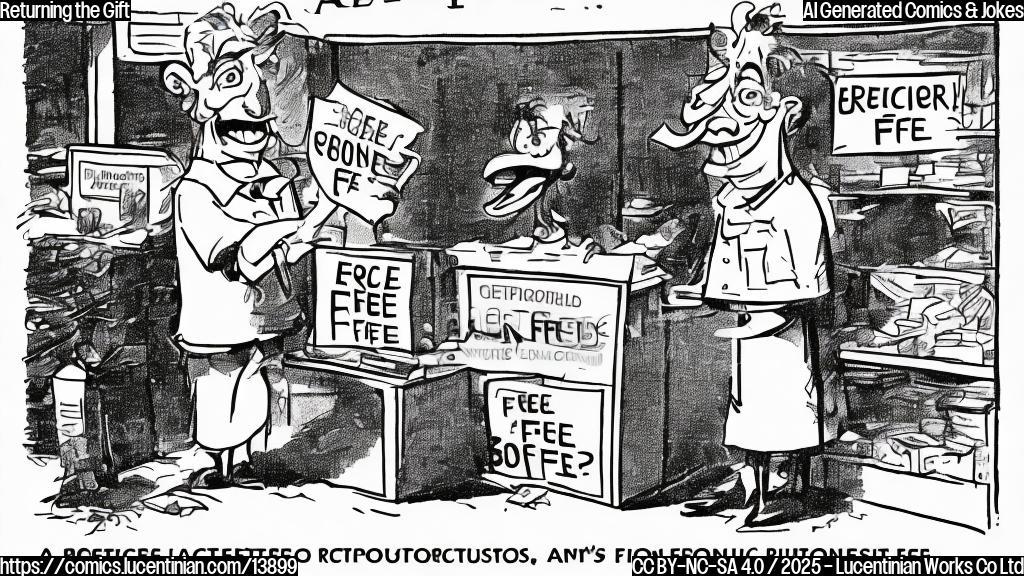 A generic, plain-colored cartoon of a person holding a shopping bag with a surprised expression, standing in front of a store's return policy sign that reads "Restocking Fee: $5".