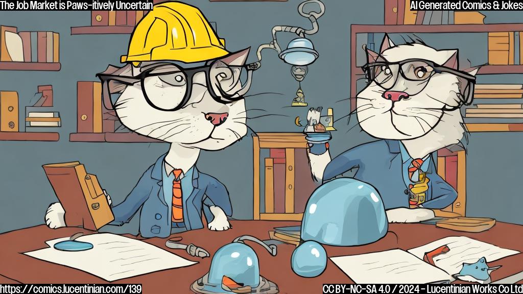 Draw a plain color cartoon style picture of a bespectacled librarian sitting behind a desk with a bookshelf in the background. The librarian has one hand on their forehead and the other holding a bell, while there's a cat sitting next to them wearing a tiny hard hat, as if it's in a lab coat. The cat is also surrounded by question marks in mid-air.