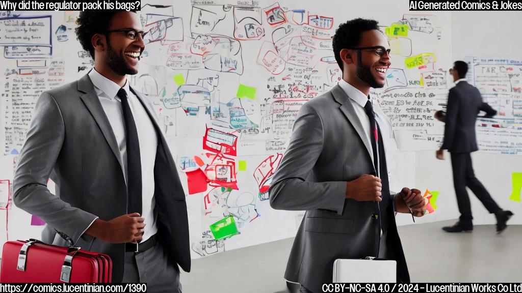 A smiling face with a briefcase walking out of an office, while the background is a blurred whiteboard with a red "X" marked through it.