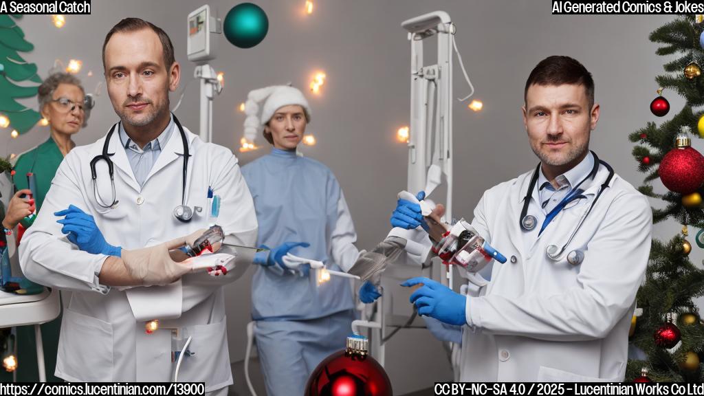 a person holding a ladder in one hand and a thermometer in the other, standing next to a medical examination table with a worried expression on their face, surrounded by Christmas decorations and festive lights