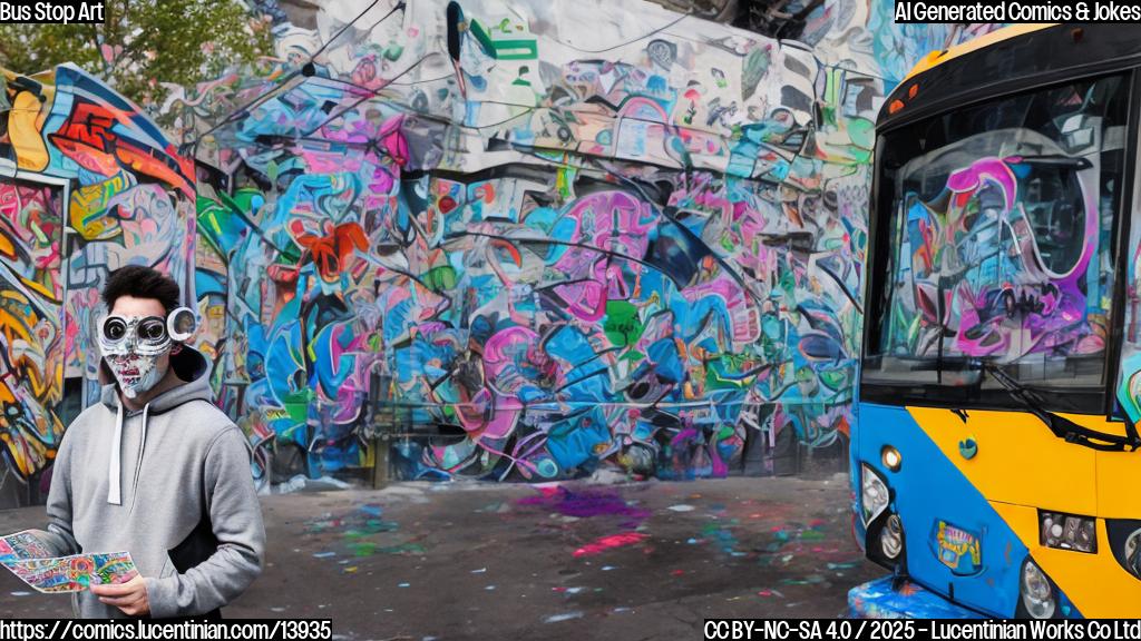 A stylized image of a masked street artist holding an e-paper display with a SEPTA bus route map, surrounded by colorful graffiti and bus stop signs. The artist is wearing a black hoodie and safety goggles, with a few paint splatters on their face. In the background, a blurred-out SEPTA bus can be seen driving down the street.