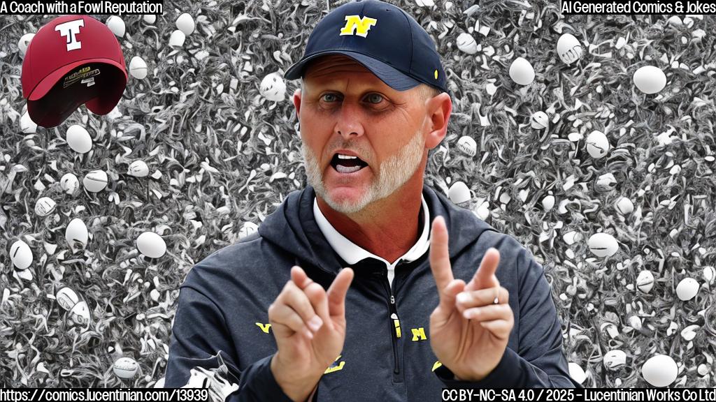 Draw a cartoon of a person (Kyle Whittingham) wearing a football coach hat, surrounded by broken eggs and scattered coaching books, with a frazzled look on his face. The background should be a blurred image of the University of Michigan campus.