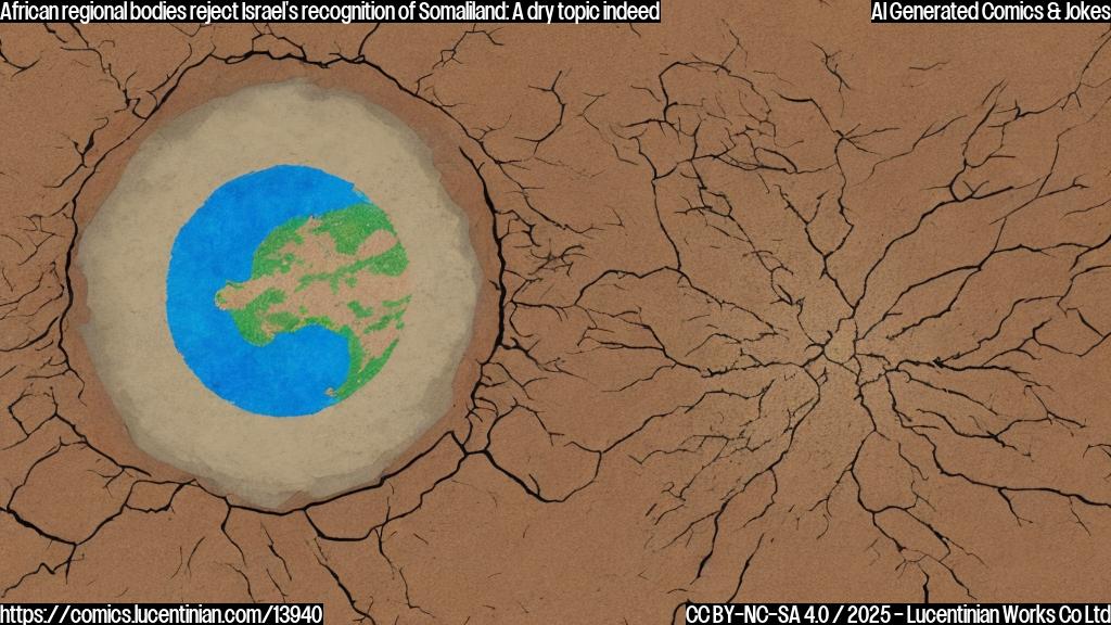 Draw a cartoon style picture of an empty, cracked continent map with a red X marked through it, surrounded by dry and dusty sand dunes. Add a small, dry, and shriveled flag in the center with the words "Somaliland" barely legible.