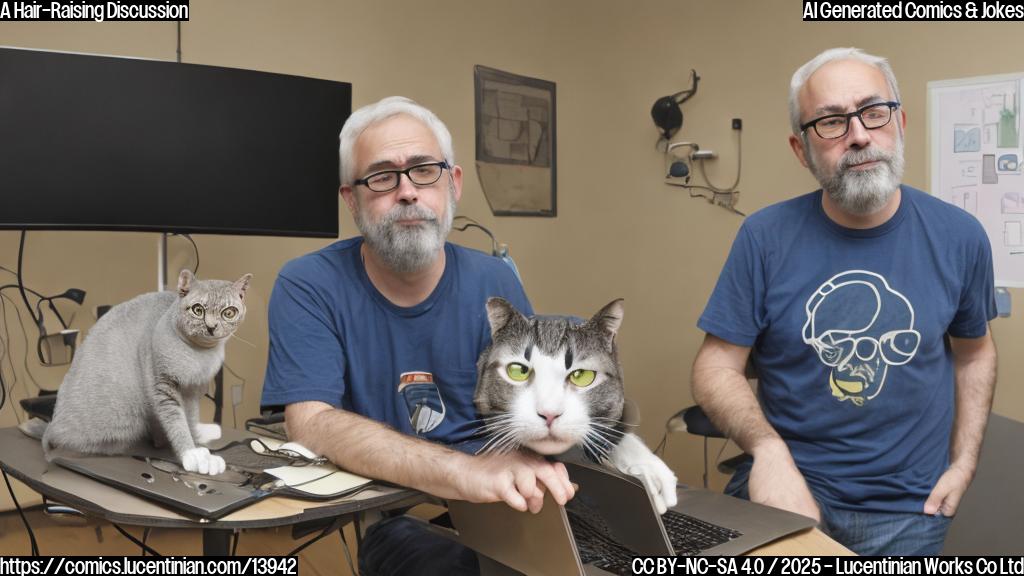 a middle-aged, bespectacled man with graying hair and wearing a Linux t-shirt stands next to a cat, both looking stressed and worried. The background is a computer screen displaying code in Rust.