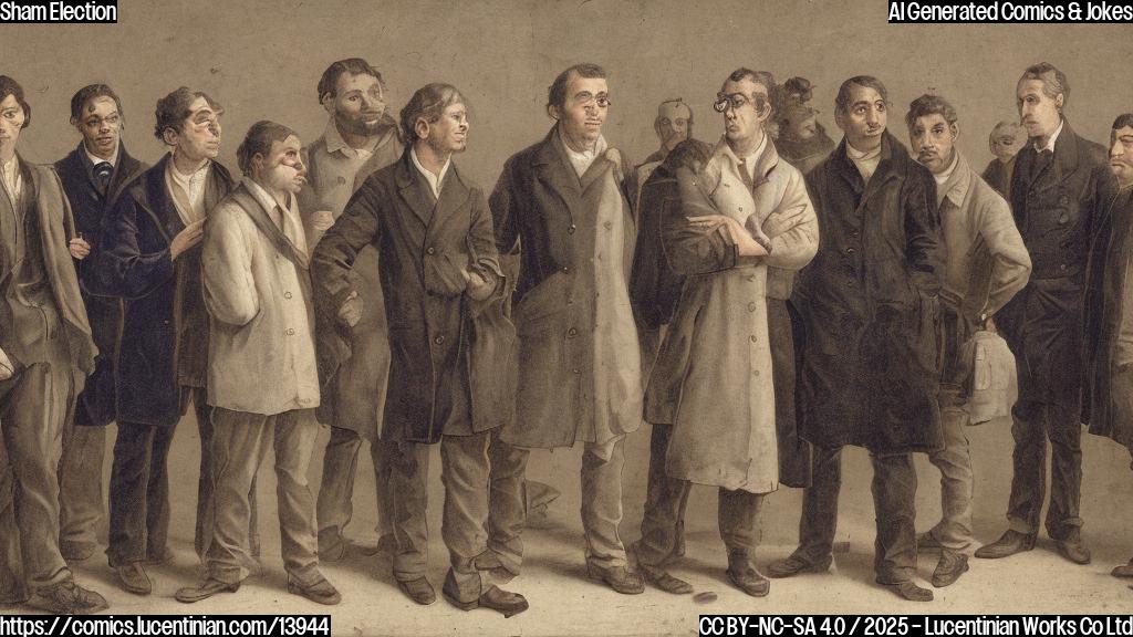 a group of five people, each with a different expression on their face, are standing in line to vote. The first person has a confused look on their face, the second person looks worried, the third person appears anxious, the fourth person is leaning against a wall with a defeated expression, and the fifth person seems completely disinterested. the background of the image should be a dull grey color with some subtle cracks in the walls to represent the instability and uncertainty of the country's situation.
